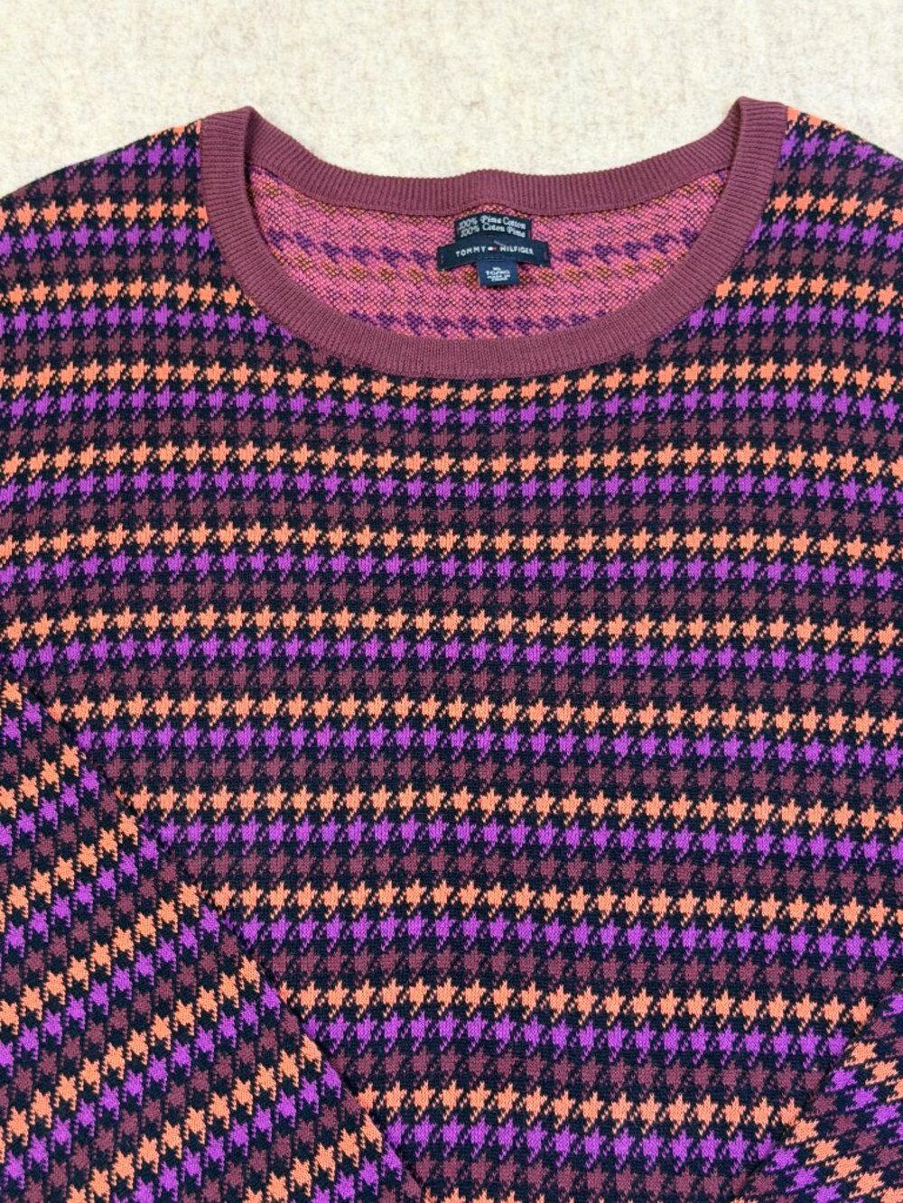 Tommy Hilfiger Pima Cotton Houndstooth Crewneck Sweater XL Purple Orange